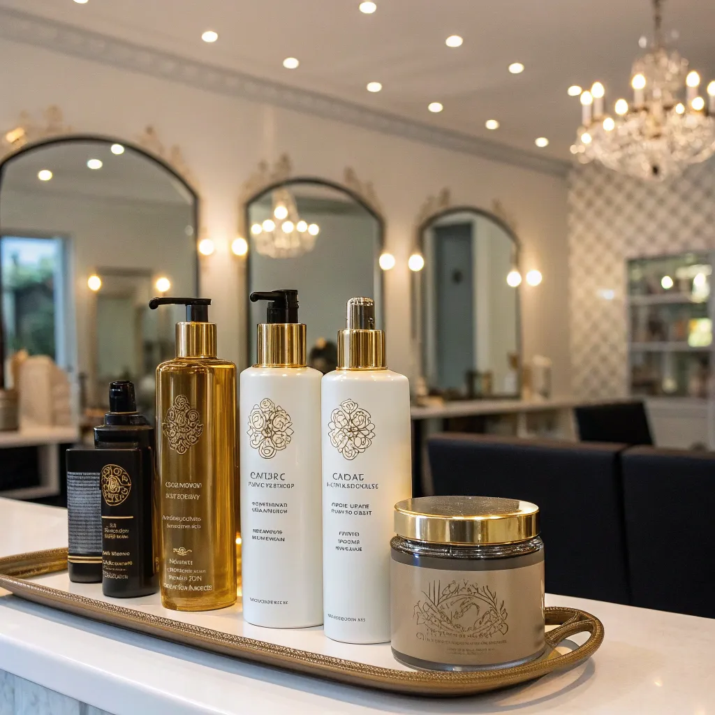 Display of luxury hair care products at CRYNELITH Salon